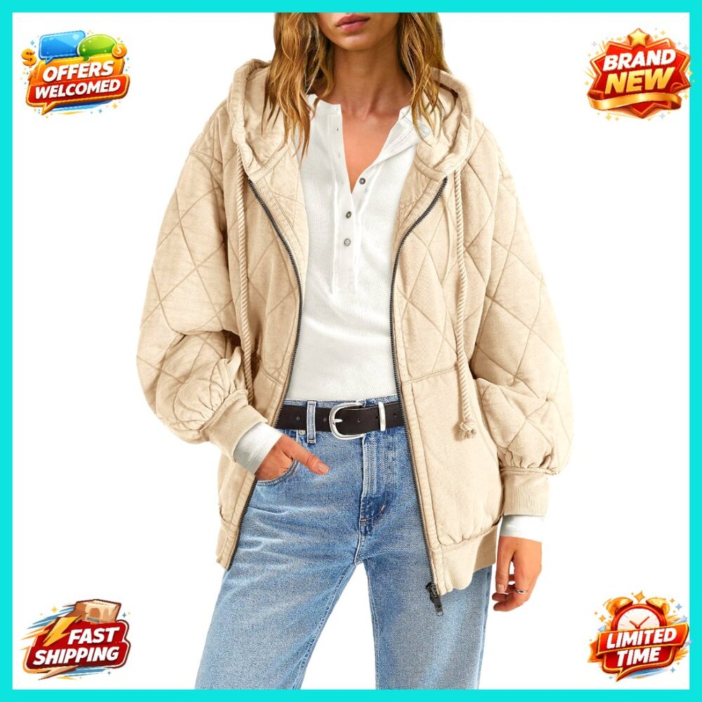 Oversized Quilted Puffer Jacket Lightweight Casual Chic Hooded Coat with Pockets